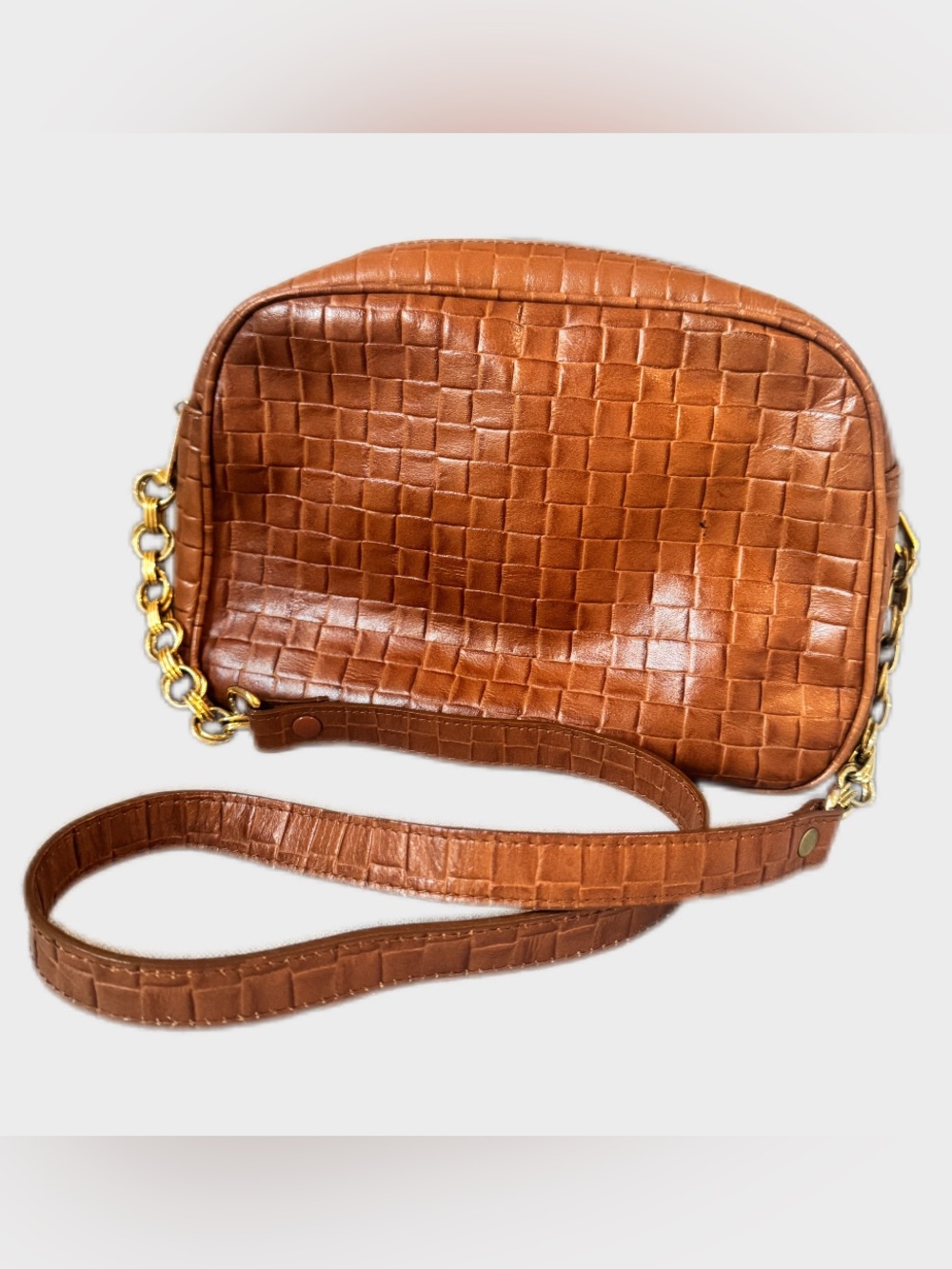 Lauren Alexandra Vintage Cognac Woven Leather Crossbody Camera Bag Gold Chain